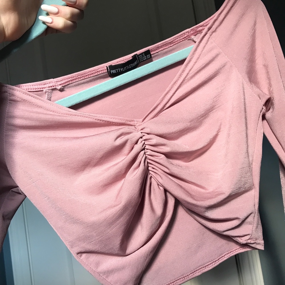 PLT ruched, Bardot crop top with long sleeves 💞